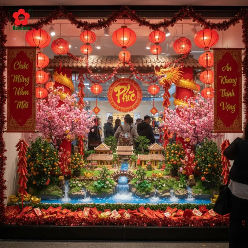 10+ Ý tưởng trang trí Tết cho cửa hàng đẹp, ấn tượng hút khách hiệu quả