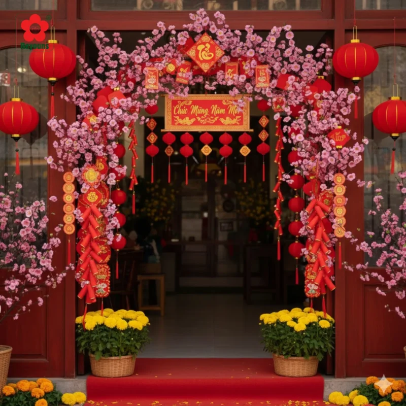 10+ Ý tưởng trang trí Tết cho cửa hàng đẹp, ấn tượng hút khách hiệu quả