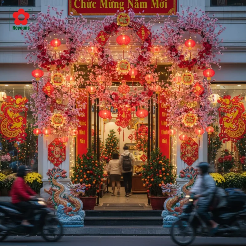 10+ Ý tưởng trang trí Tết cho cửa hàng đẹp, ấn tượng hút khách hiệu quả