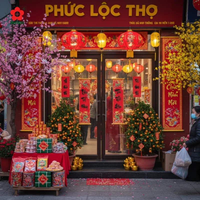 10+ Ý tưởng trang trí Tết cho cửa hàng đẹp, ấn tượng hút khách hiệu quả