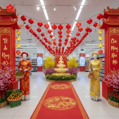 Trang trí Tết cho siêu thị: Ý tưởng đẹp mắt hút khách mua sắm đầu năm