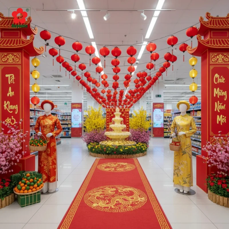 Trang trí Tết cho siêu thị: Ý tưởng đẹp mắt hút khách mua sắm đầu năm